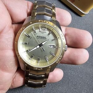 Fossil Blue Mens Quartz Watch AM-4088 Silver/Gold Tone Date Just WR 100m Working